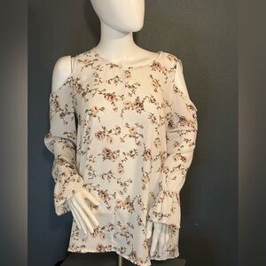 Pleione Floral Cold Shoulder Blouse in Cream and Pink Sz Small